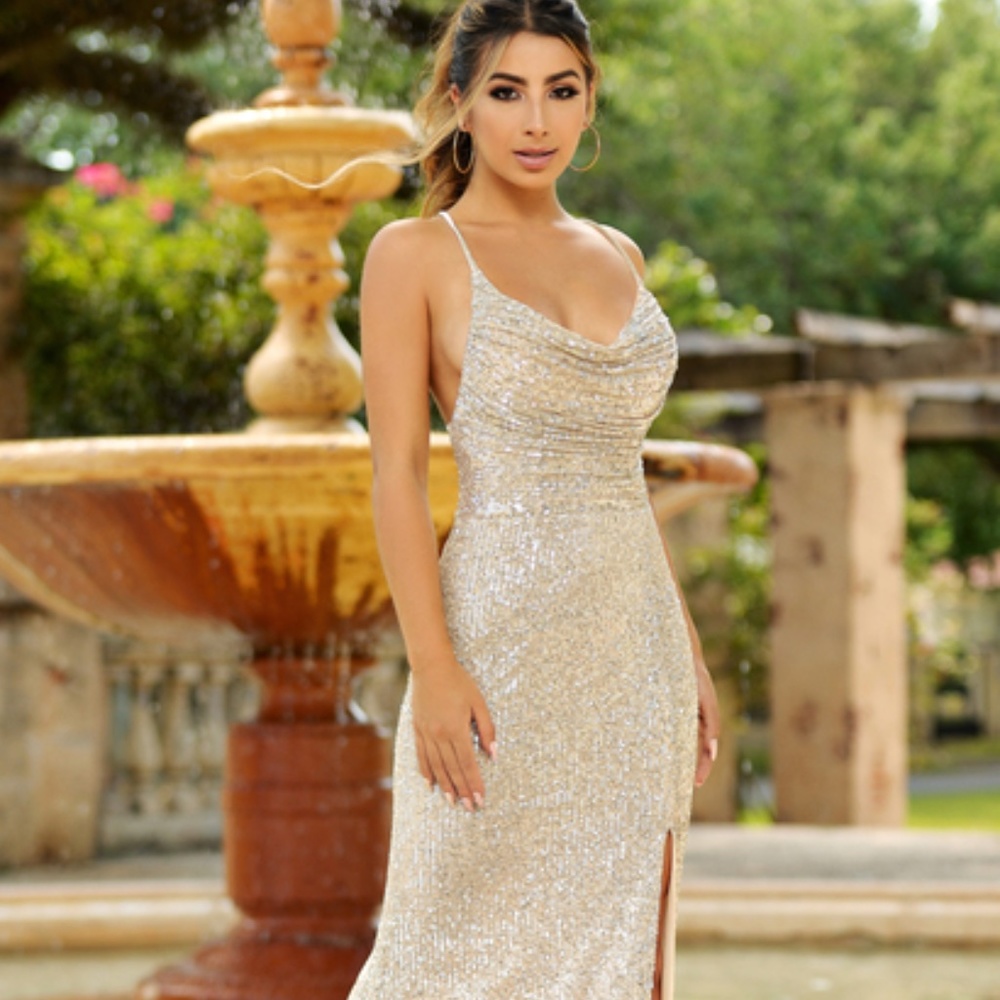 BRAND NEW champagne sequin cowl neck evening gown, size SMALL